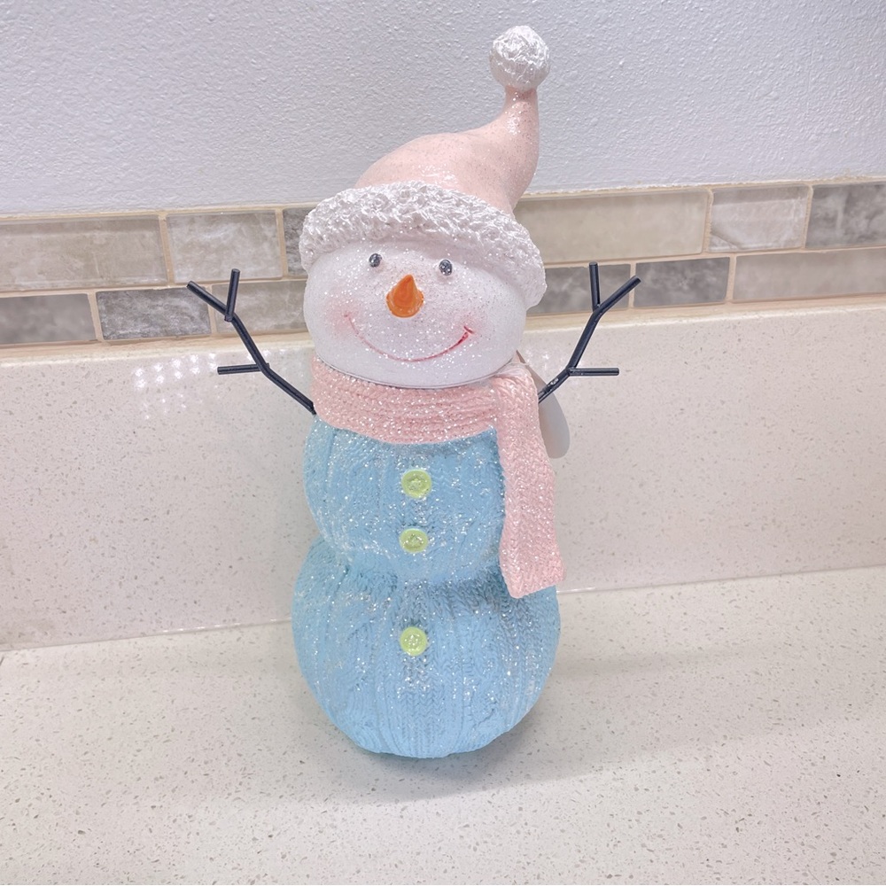 NEW Merry and Bright Pastel Blue and Pink Glitter Snowman Holiday Figurine Decor